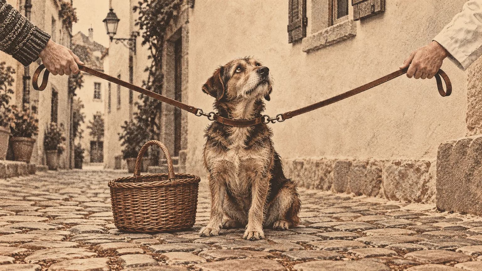 A dog with a shopping basket sits between two hands that each hold a leash clipped to its collar.