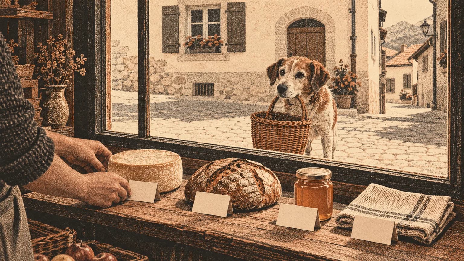 A shopkeeper's hands arrange cheese, bread and honey in a shop window while a dog with a basket looks in from the pavement.