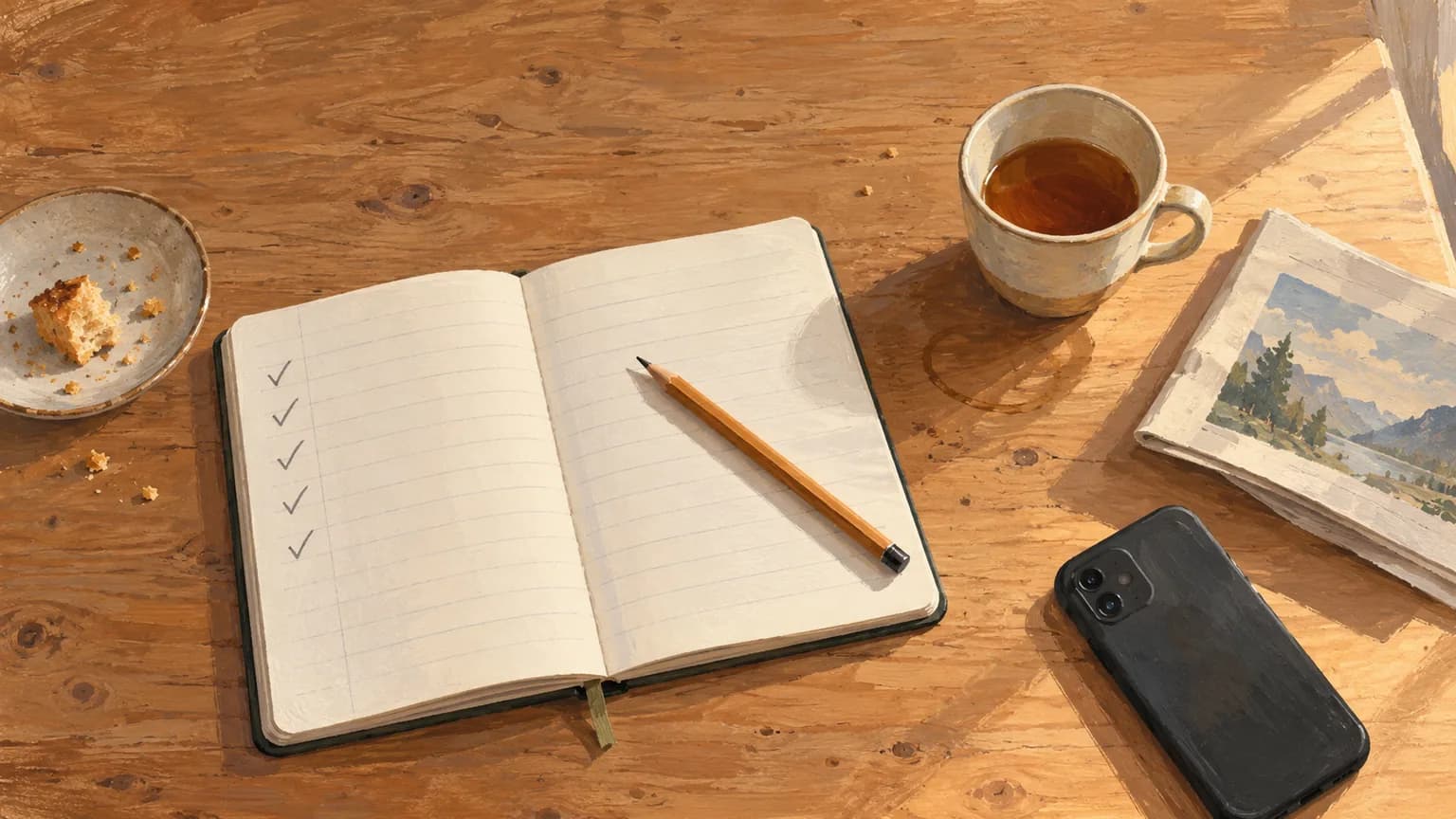 Ein Smartphone liegt umgedreht neben einem offenen Notizheft mit fünf Häkchen am Rand und einer Tasse Tee.