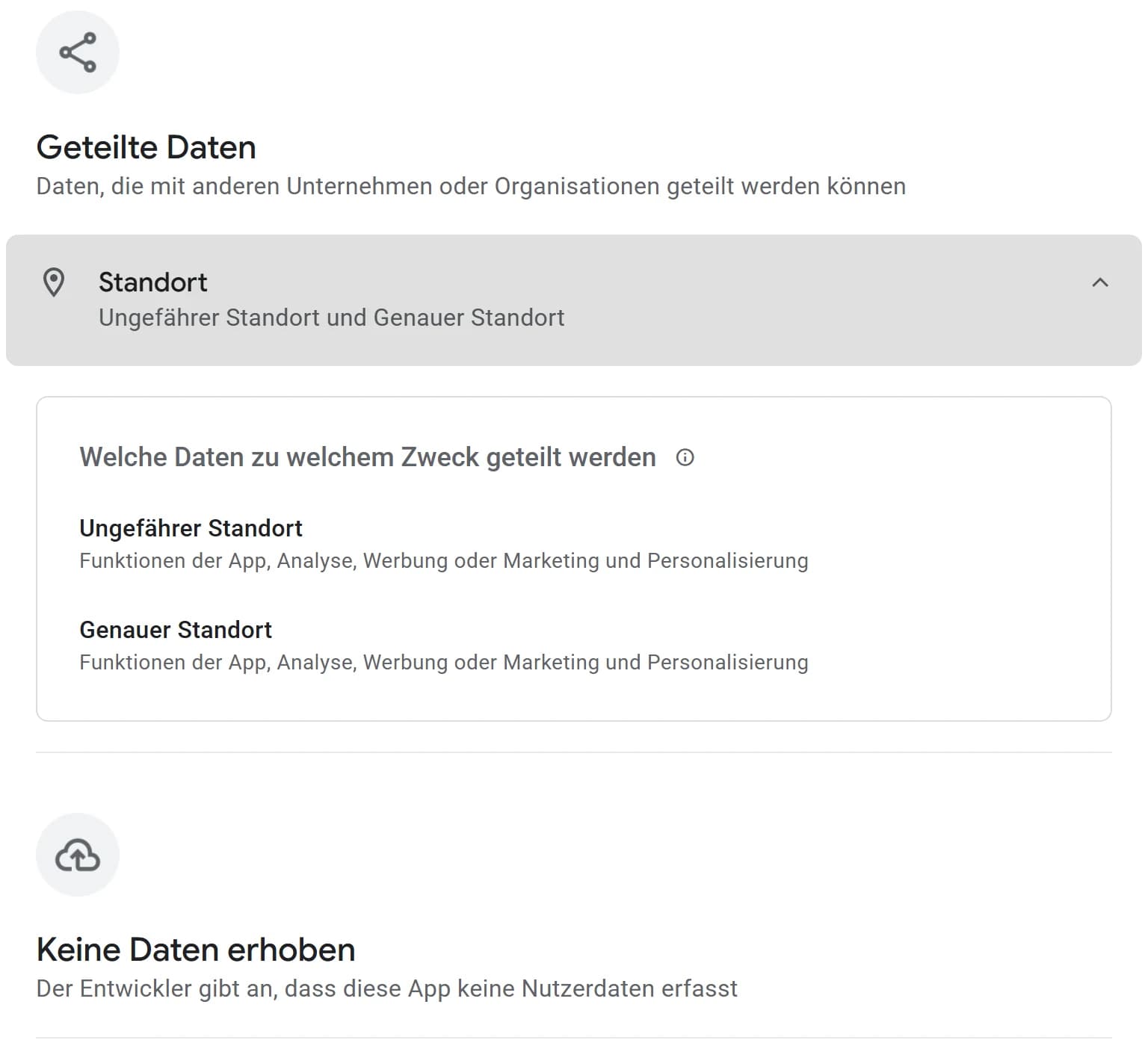 Ausschnitt der Play-Seite «Datensicherheit» der App von 20 Minuten vom 29. Oktober 2026. Oben der Block «Geteilte Daten» mit «Standort», ungefähr und genau, zum Zweck «Funktionen der App, Analyse, Werbung oder Marketing und Personalisierung». Darunter der Block «Keine Daten erhoben» mit dem Satz «Der Entwickler gibt an, dass diese App keine Nutzerdaten erfasst».