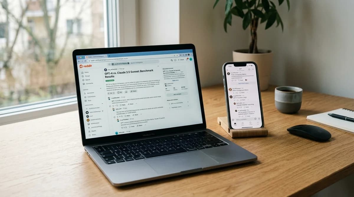 Smartphone und Laptop nebeneinander mit Diskussionsthreads zu KI-Modellen