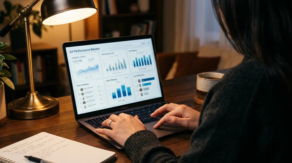 Blick über die Schulter auf unscharfe Benchmark-Diagramme auf einem Laptop-Bildschirm