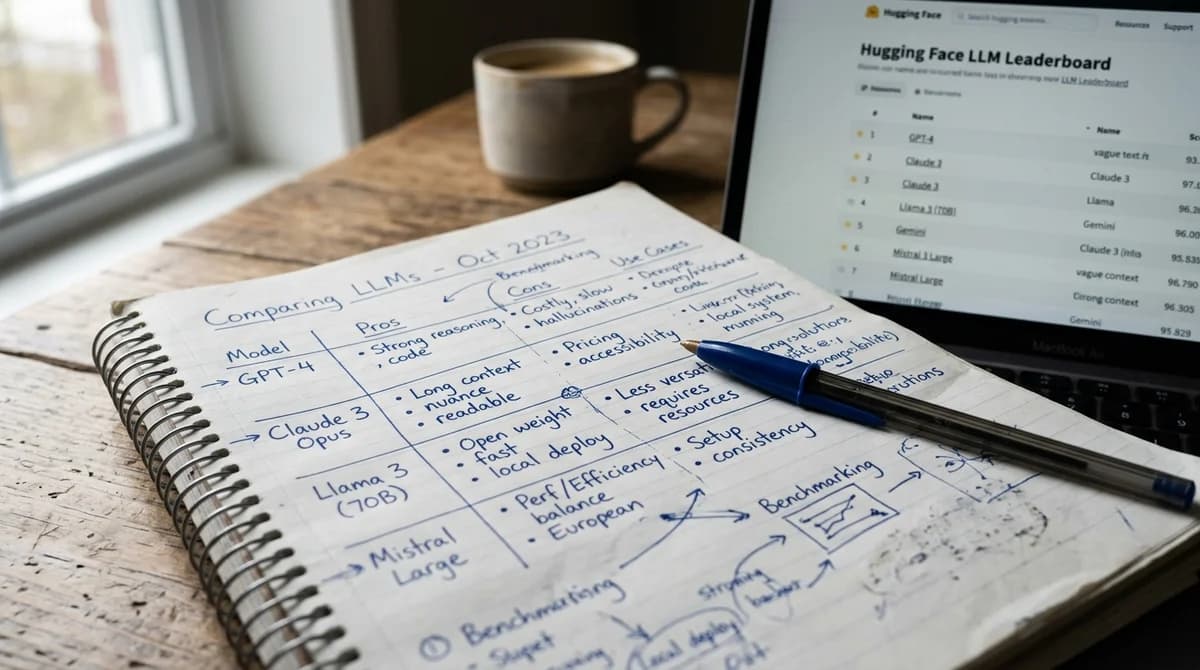 Notizbuch mit handschriftlichen Notizen zum Vergleich von KI-Modellen, im Hintergrund unscharf ein Laptop mit einem Leaderboard