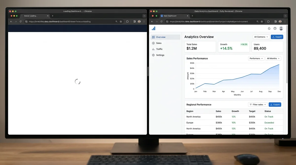 Zwei Browserfenster nebeneinander: leere SPA-Hülle links, vollständig server-gerendertes HTML rechts