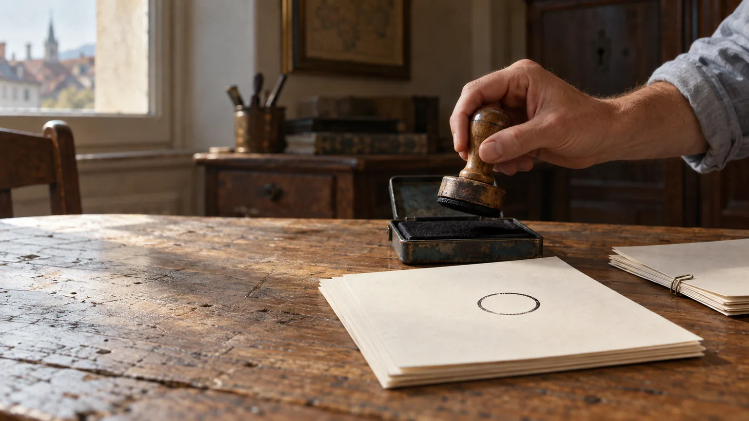 Eine Hand hebt einen Holzstempel von einem Stempelkissen, auf dem obersten Blatt eines Stapels steht ein frischer runder Stempelabdruck.