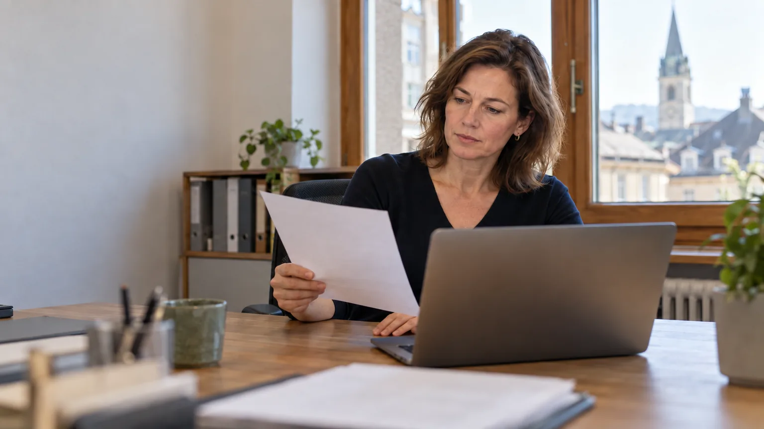 A clerk sits at her laptop with a printed customer letter and pauses for a moment.
