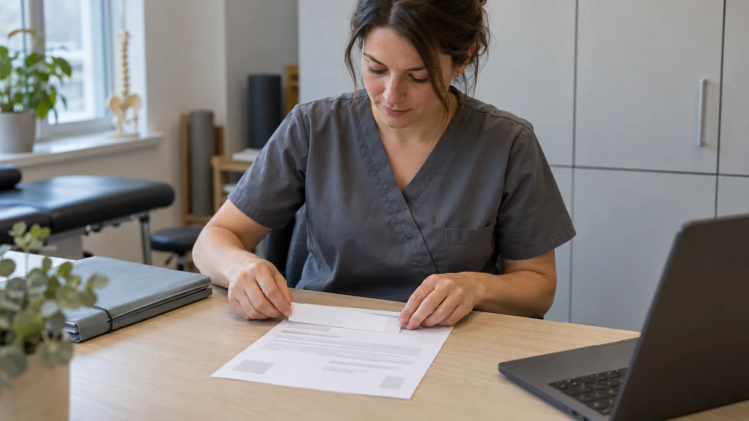 Eine Praxisassistentin deckt auf einem ausgedruckten Überweisungsschreiben den Patientennamen mit einem Papierstreifen ab.