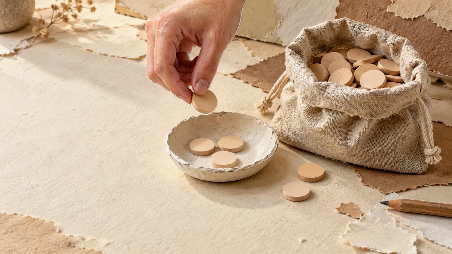 Paper collage: an open cloth bag full of wooden game counters, and next to it a hand laying single counters into a small dish.