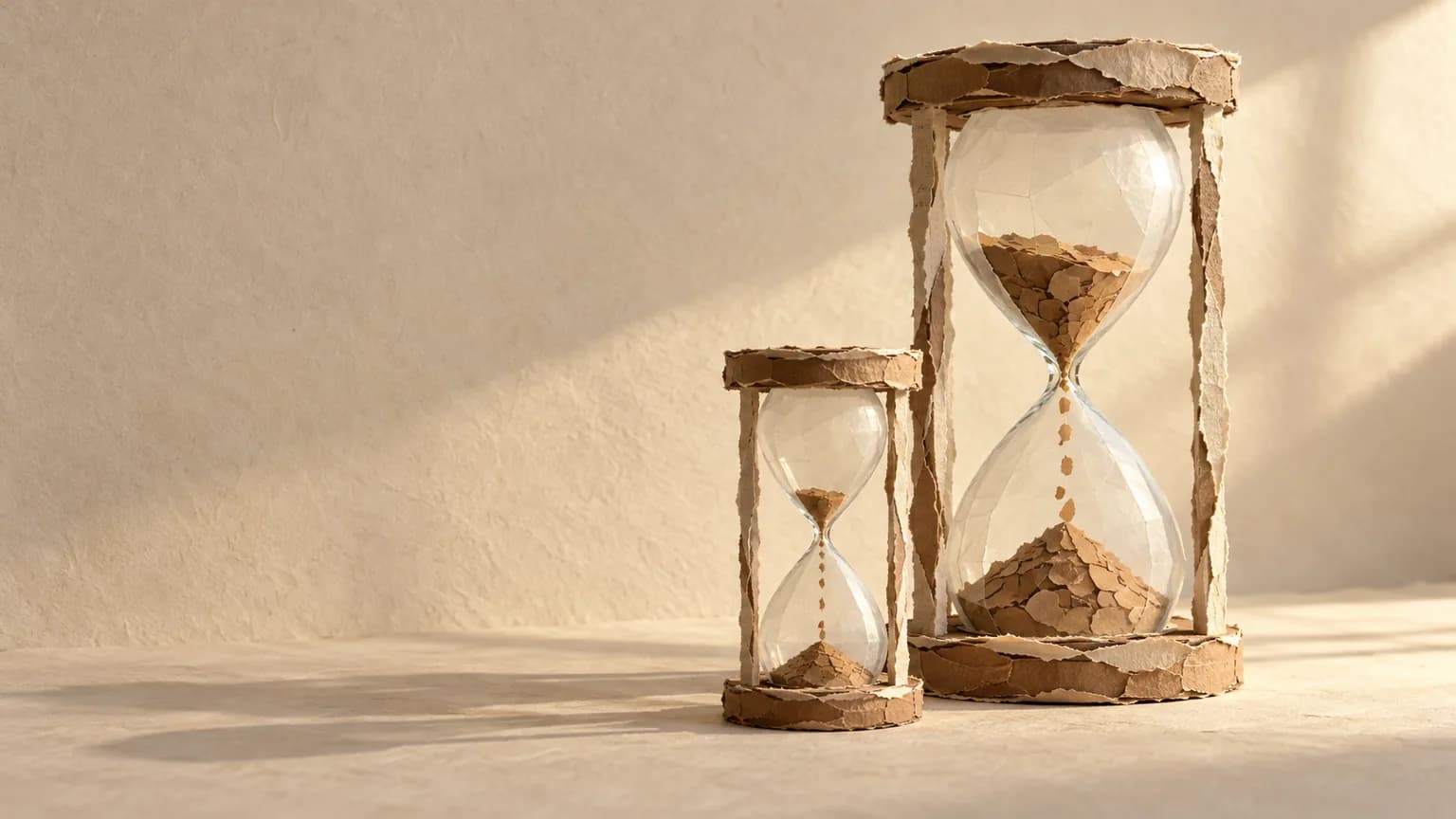 Paper collage: a small, almost empty hourglass in front of a tall hourglass with sand still running.
