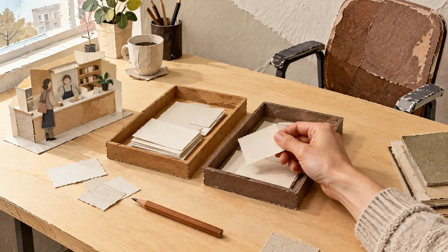 Paper collage: a hand sorts blank cards into two shallow wooden trays, one next to an office chair and one next to a small shop counter.