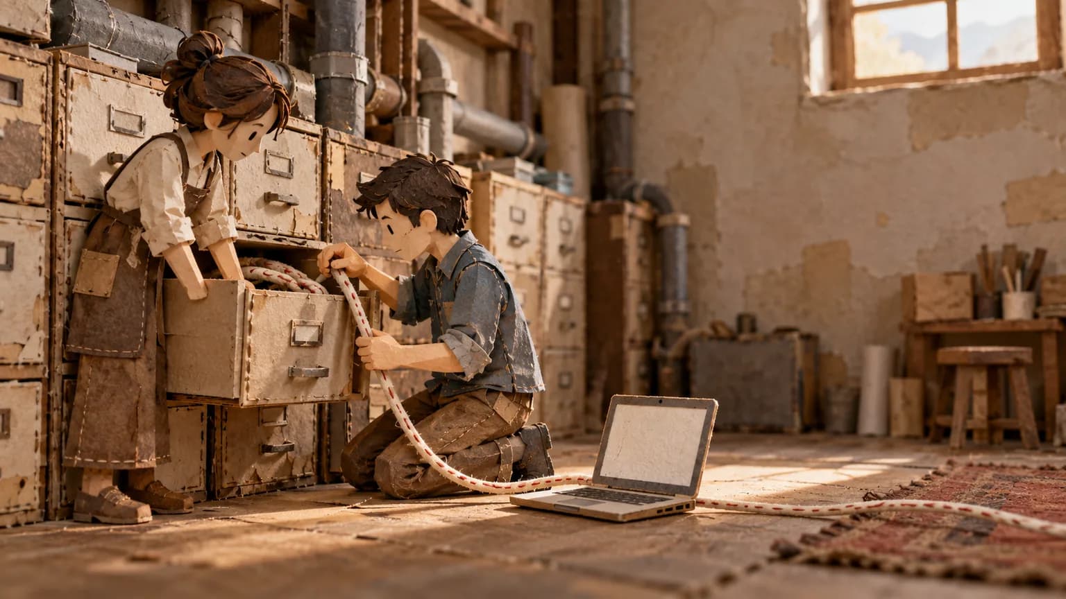 A paper engineer figure threads a stitched cord from a laptop into an old filing cabinet while a staff figure holds the drawer open.