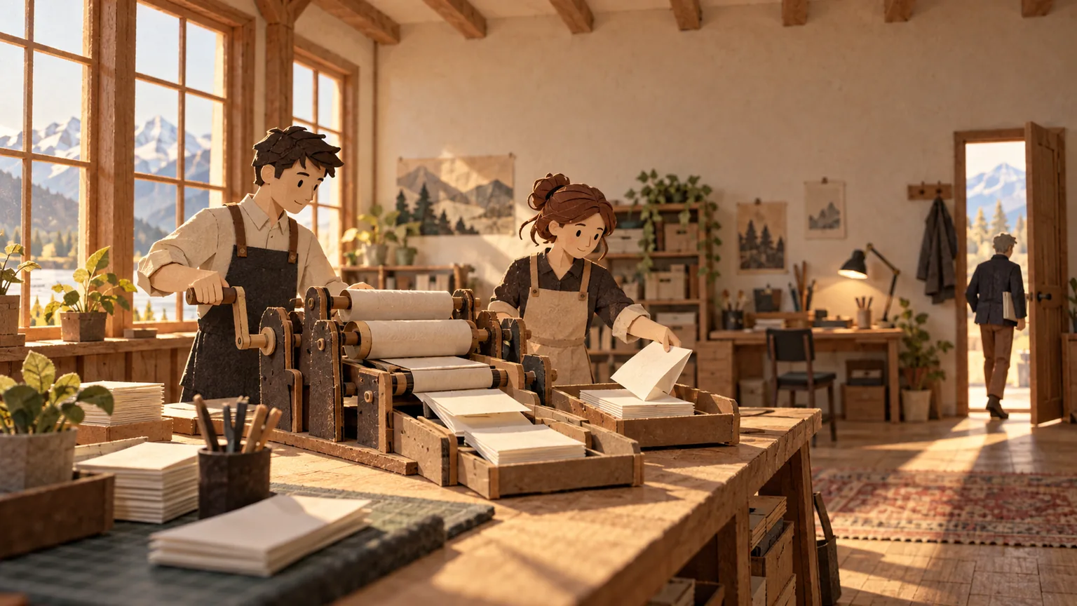 Two paper staff figures run a small handmade sorting machine at their desk while the engineer figure leaves through the door.