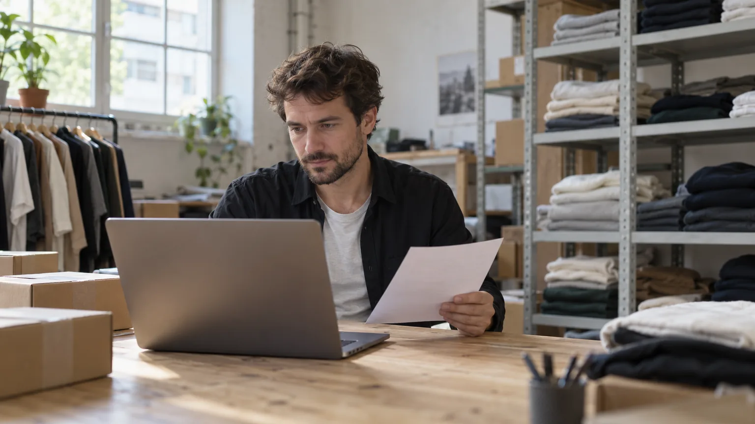 A shop owner holds a printed sheet in the stockroom and looks at his laptop.