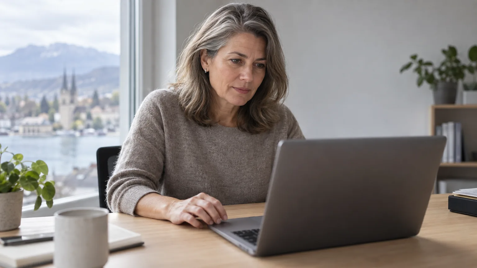 Vor dem Senden liest eine Frau am Laptop die vorbereitete Antwort.