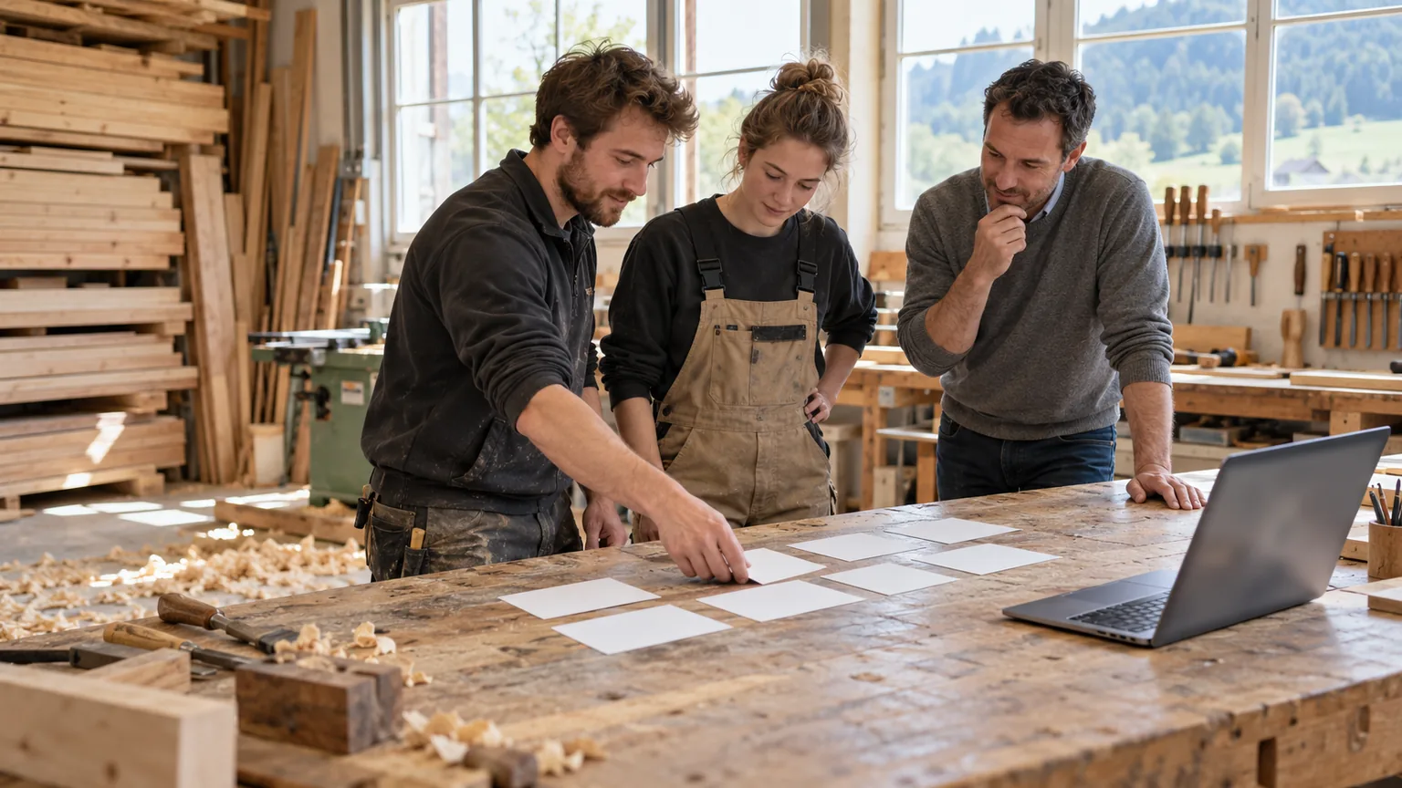 At a workbench in a joinery, three people lay out paper cards for a workflow.