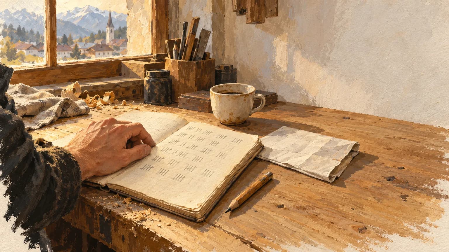 Eine Hand ruht auf einem offenen Notizbuch mit Strichlisten, daneben liegen ein Bleistift, ein gefalteter Lieferschein und eine Kaffeetasse auf einem Werkstatttisch.