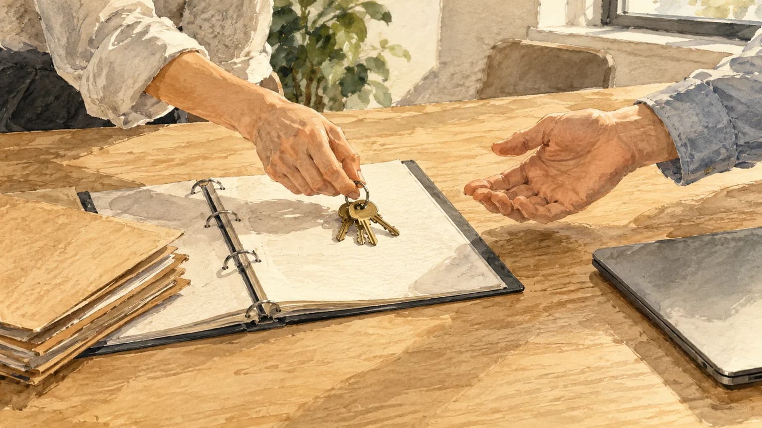 A hand places a ring of keys on an open binder while a second hand waits to take it.