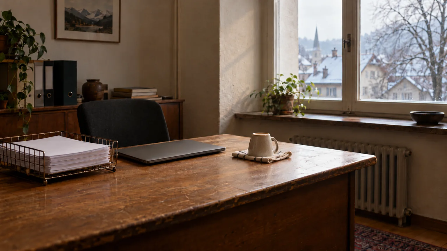 Ein leerer Arbeitsplatz in einem Büro mit zugeklapptem Laptop, eingeschobenem Stuhl und einem unberührten Stapel Rechnungen in einer Ablage am Fenster.