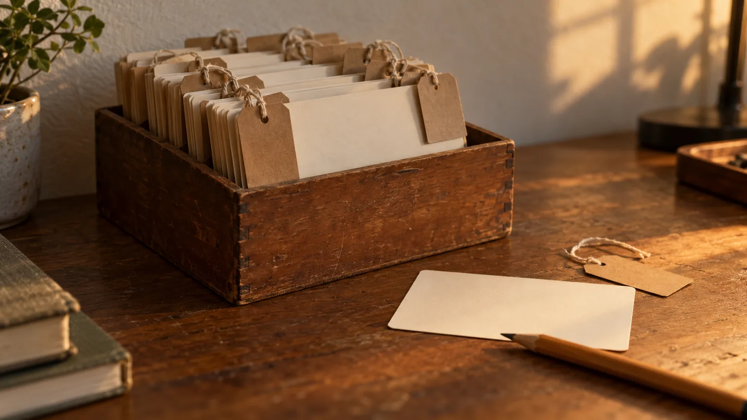 Eine Karteibox aus Holz mit einem Papieranhänger an jeder Karte, eine Karte liegt herausgenommen daneben.