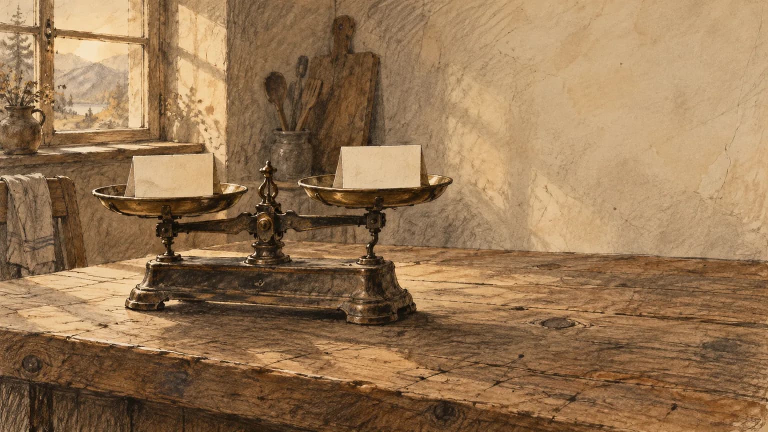 Drawing of an old kitchen balance with two pans, each holding a blank card.
