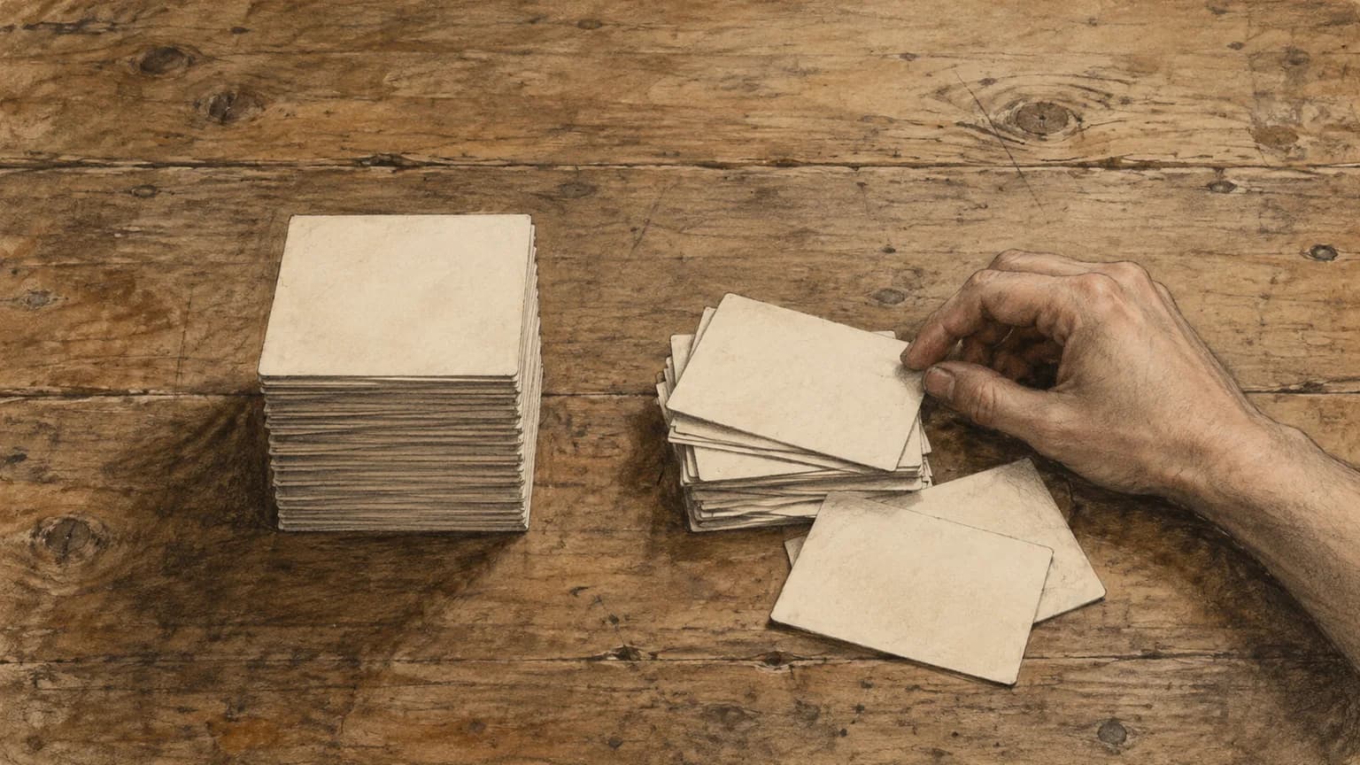 Drawing of two stacks of blank cards, the left one neatly squared, the right one with shifted and overturned cards.