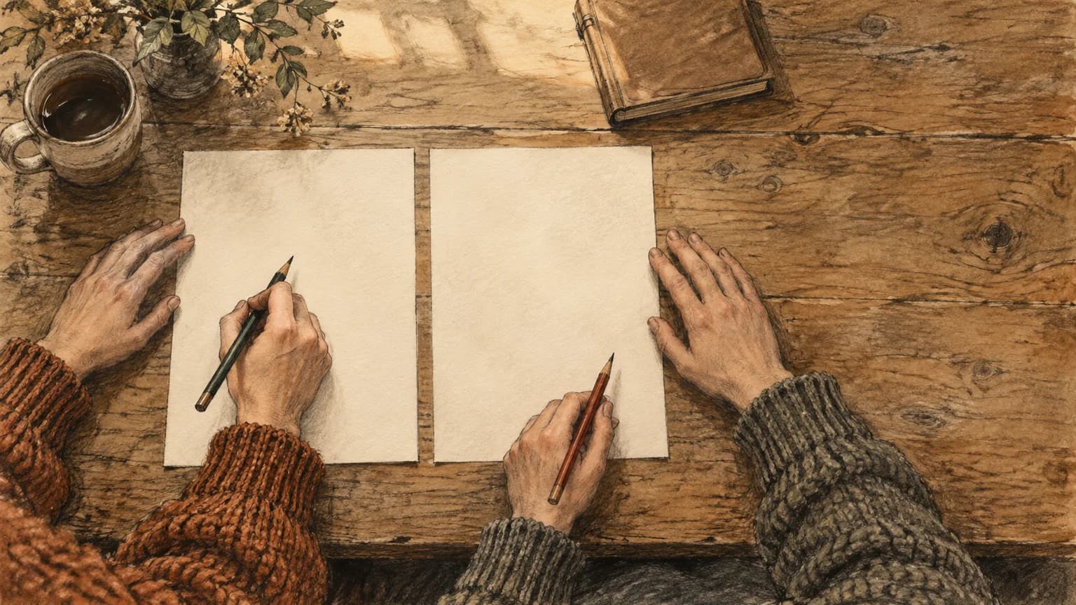 Two pairs of hands holding pencils above two blank sheets of paper that lie side by side on a wooden table.