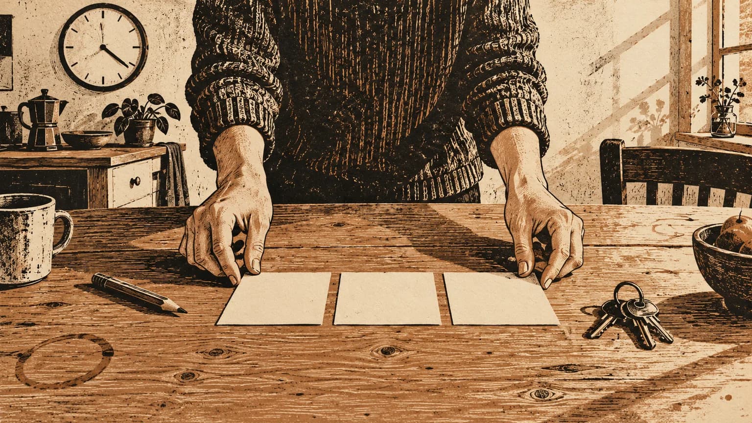 Two hands lay three blank index cards side by side on a kitchen table, with a plain wall clock above.