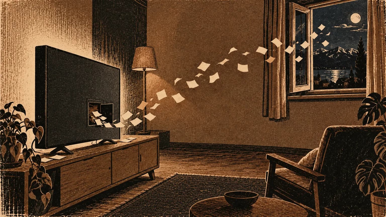 Ein Fernseher auf einem Sideboard, aus einer Klappe an seiner Rückseite fliegen kleine Papierzettel zum offenen Fenster.