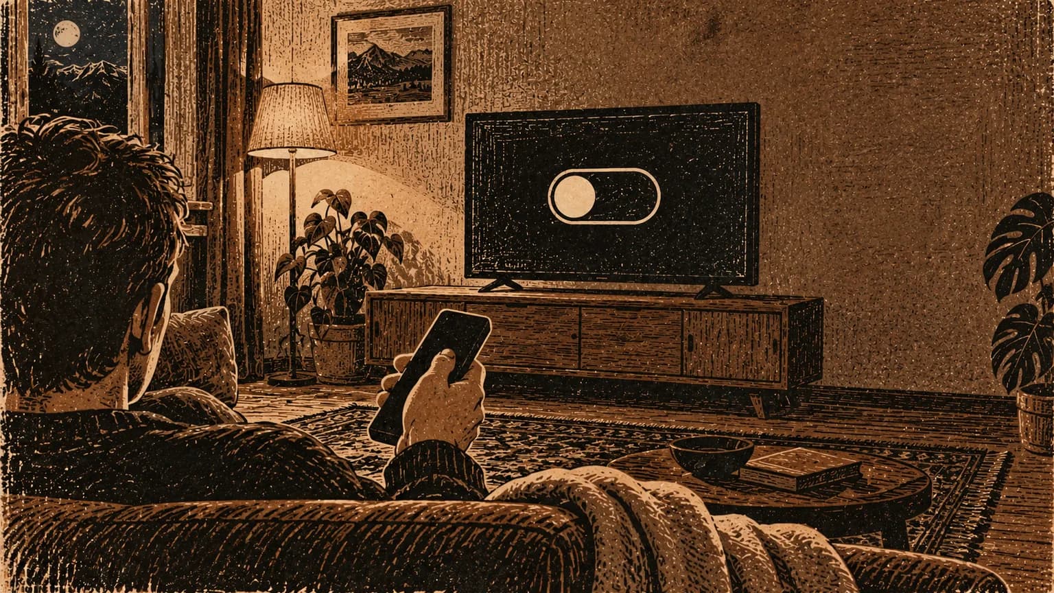 Eine Hand hält eine Fernbedienung, auf dem Fernseher gegenüber steht ein einzelner Schalter auf Aus.