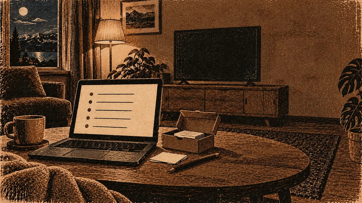 Ein offener Laptop auf einem Salontisch, daneben eine Schachtel mit beiseitegelegten Papierzetteln, im Hintergrund der Fernseher.