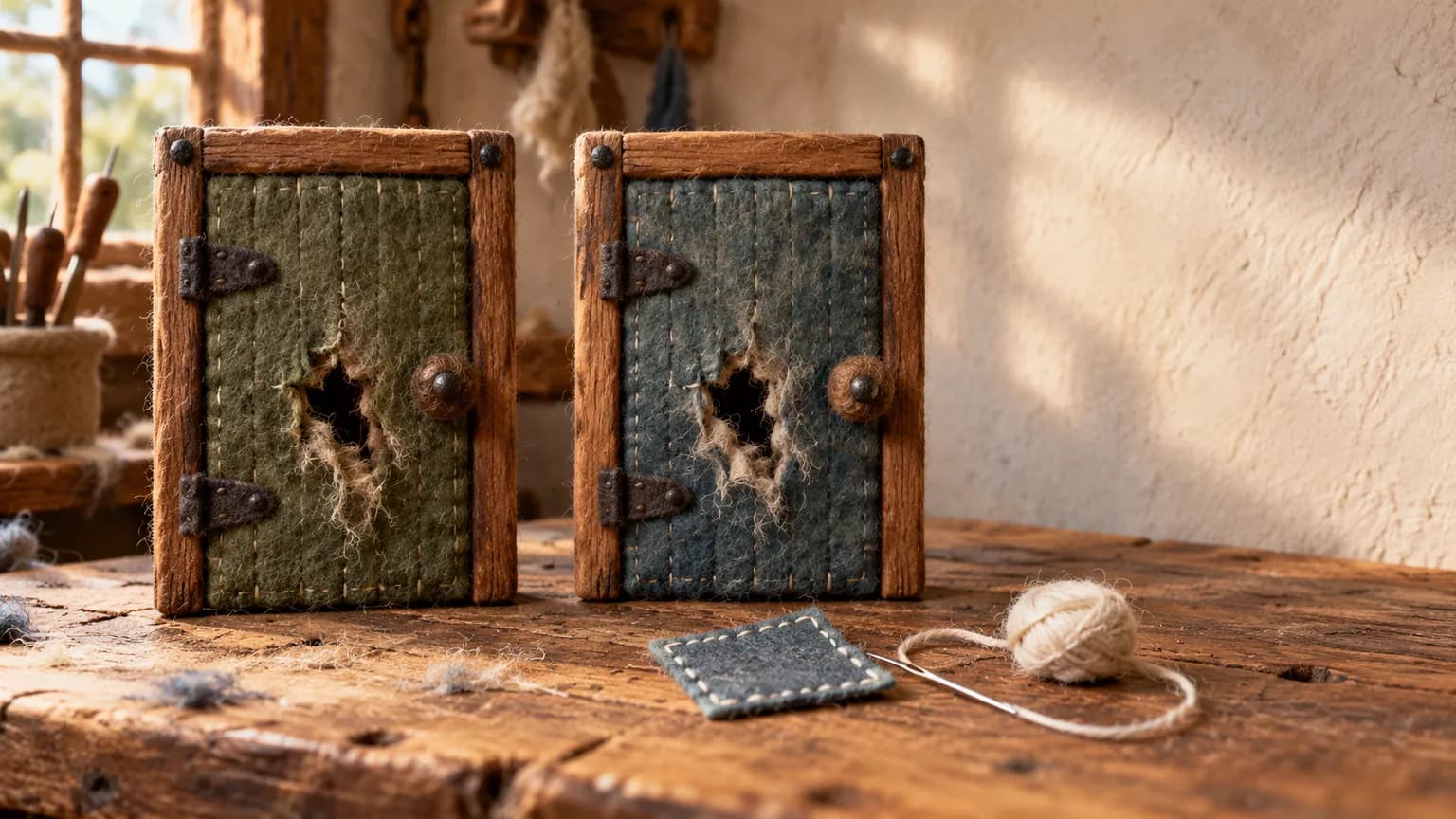 Two felted doors with the same hole in them, a cut patch with needle and thread lying ready in front of the right one.