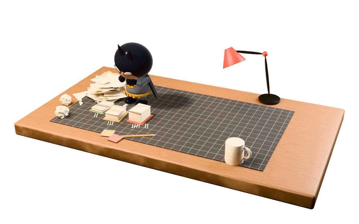 A little knitted Batman figure beside a small machine with gears, a gauge and a conveyor that turns a messy pile of paper into sorted trays, on a wooden workbench
